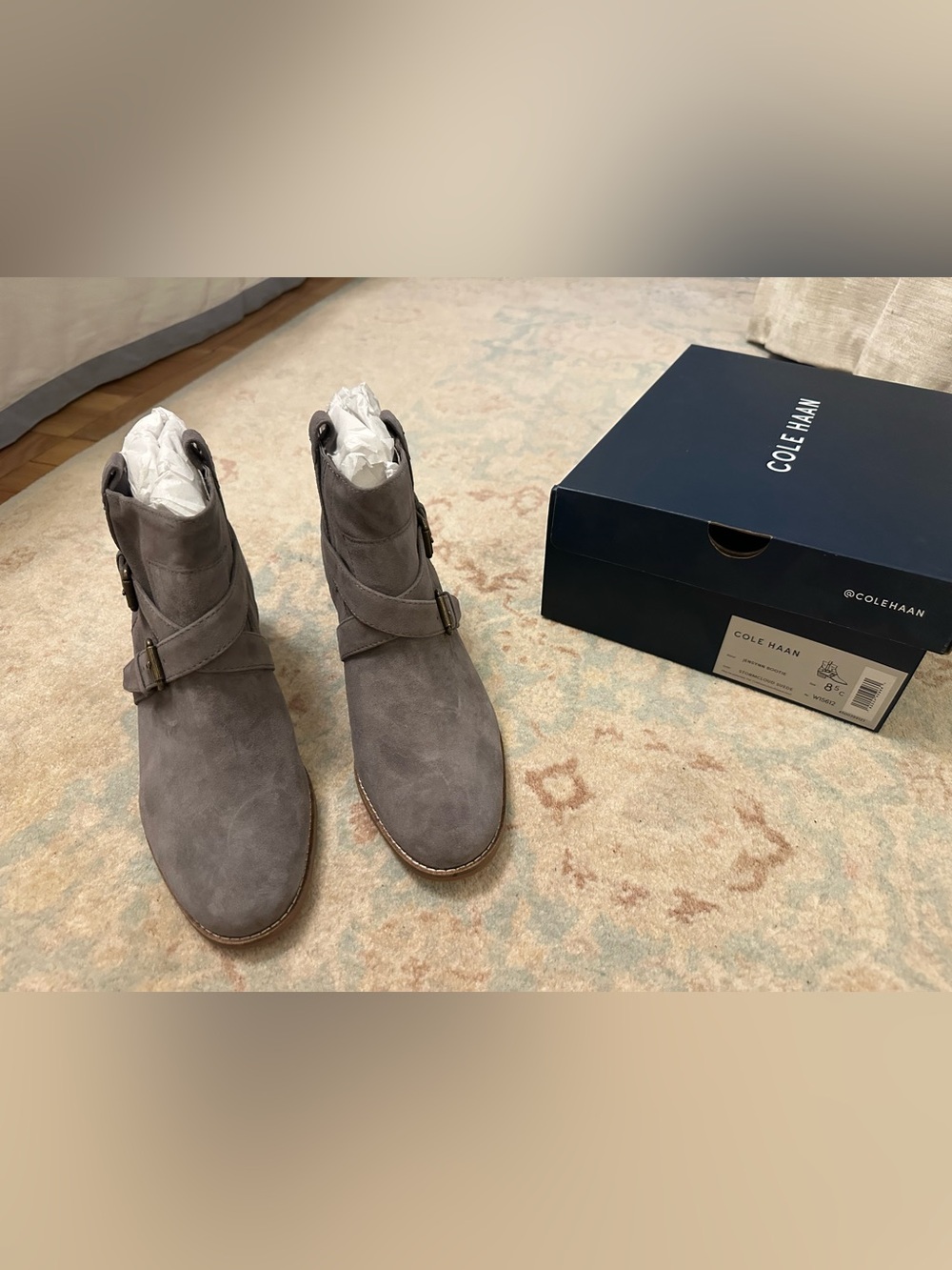 Cole Haan Gray Suede Ankle Boots with Buckle Straps, Size 8.5 Wide